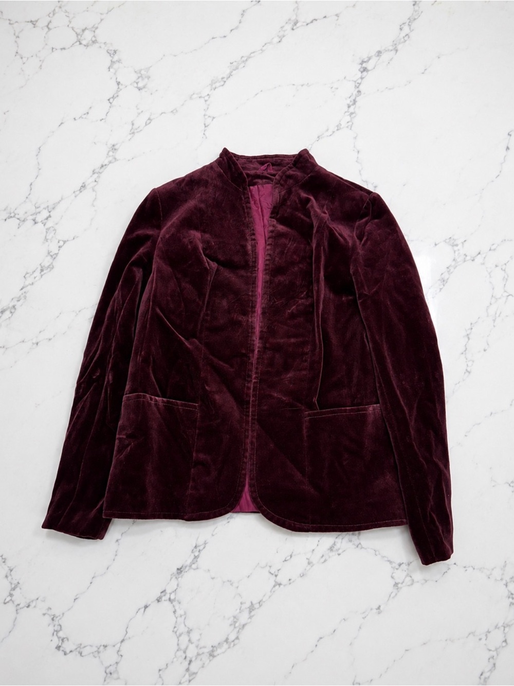 Paul Seperates Velvet Open-Front Blazer in Deep Burgundy